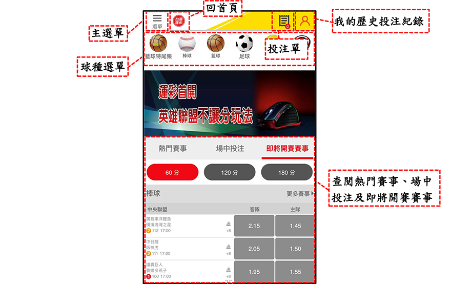 台灣運彩行動版網站 投注頁面導覽-首頁